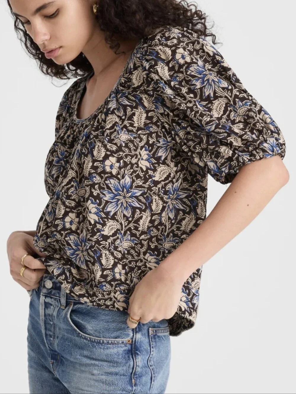 Madewell Floral Puff-Sleeve Peasant Top in Brown and Blue,Suze XL - Picture 3 of 16
